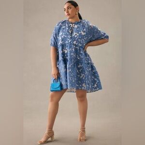 NWT Anthropologie Maeve, Jacquard Tiered Blue Floral Mini Dress, sz XL